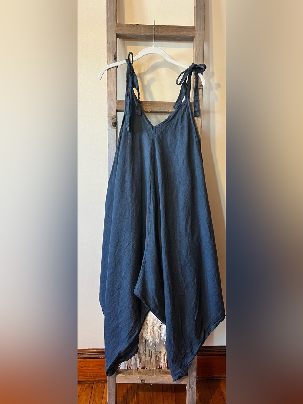 Made in Italy 100% Linen Wide Leg Harem Jumpsuit Women One Size Navy Blue